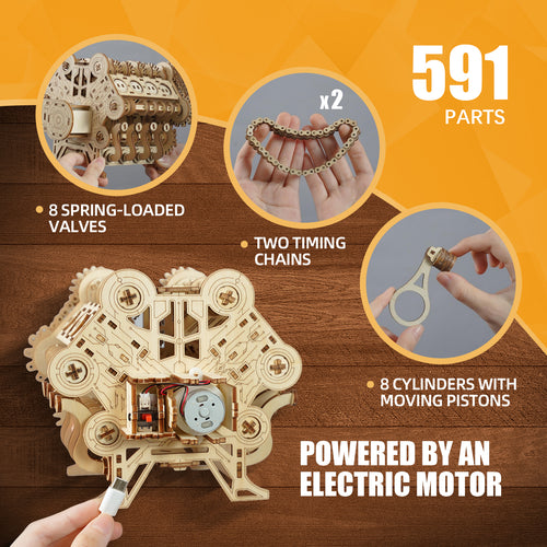 3dwooden 3D Puzzles for Adults - Wooden V8 Engine Model Kit, 3D Puzzle Model Engine Kit with Working Motor