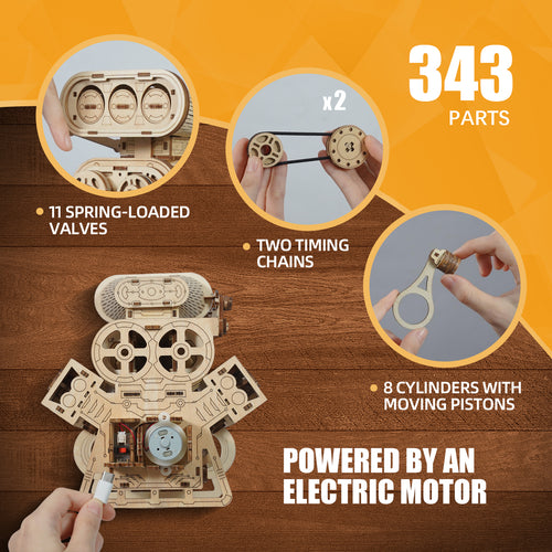 3dwooden V8 Engine 3D Puzzle Model Engine Kit for Adult, 3D Puzzles for Adults V8 Model Engine Kit with Working Motor, Building Kits Hobbies for Men, Gift for Men & Teen