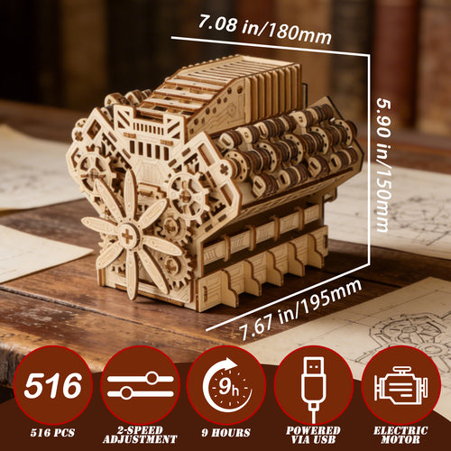 3dwooden 3D Puzzles for Adults - Wooden V8 Engine Model Kit, 3D Puzzle Model Engine Kit with Working Motor, DIY Kits Hobbies for Men for Men, Teen (591 Pcs)